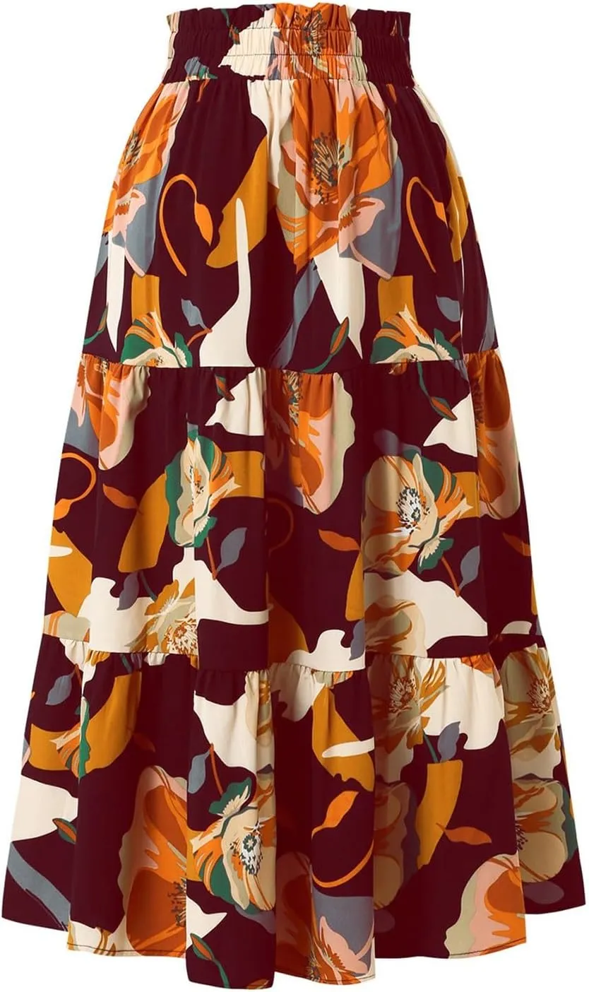 Maxi Skirts for Women 2025 Summer Elastic High Waisted Tiered Floral Skirts Beach Boho A-Line Flowy Swing Long Skirts