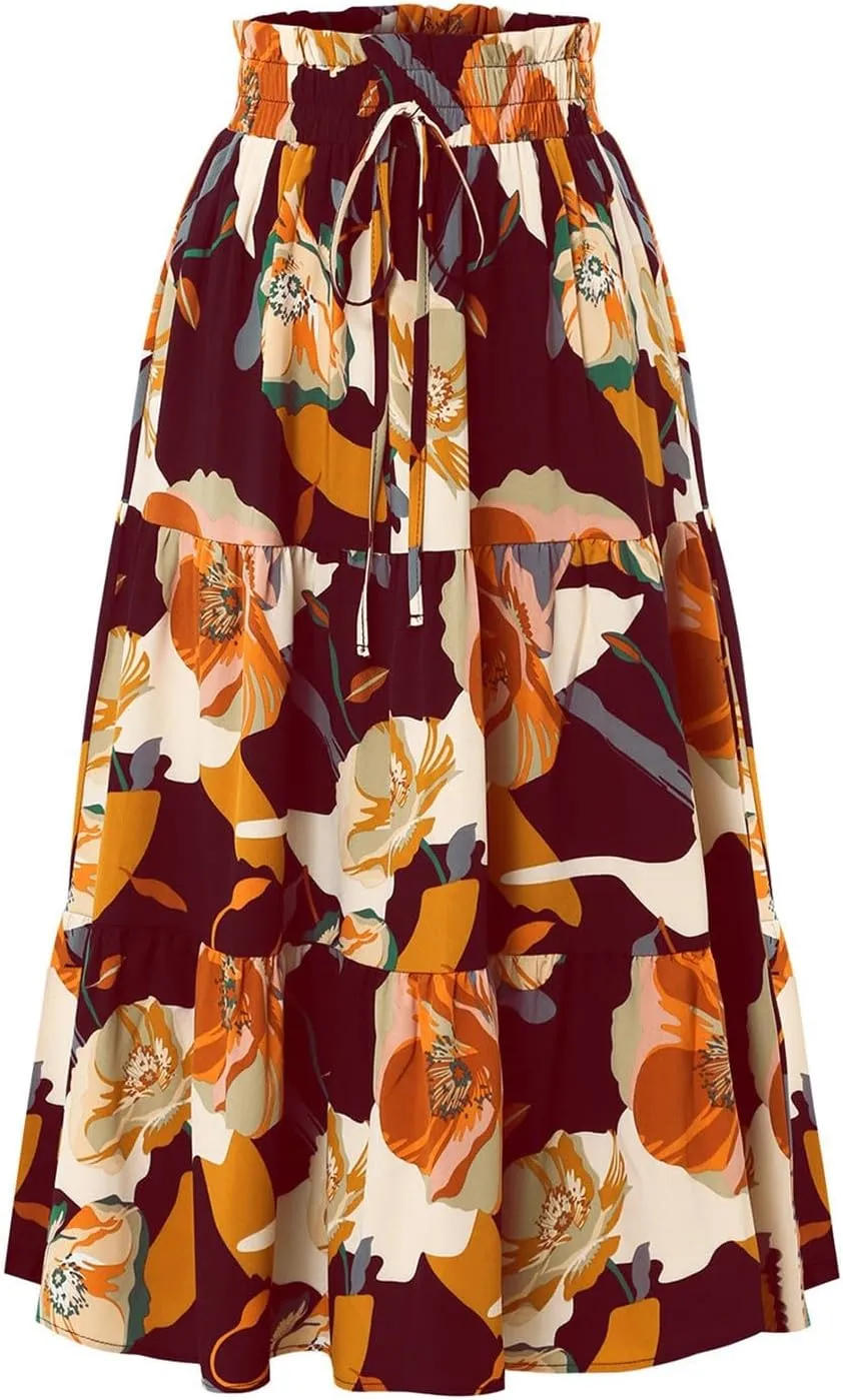 Maxi Skirts for Women 2025 Summer Elastic High Waisted Tiered Floral Skirts Beach Boho A-Line Flowy Swing Long Skirts
