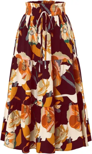 Maxi Skirts for Women 2025 Summer Elastic High Waisted Tiered Floral Skirts Beach Boho A-Line Flowy Swing Long Skirts