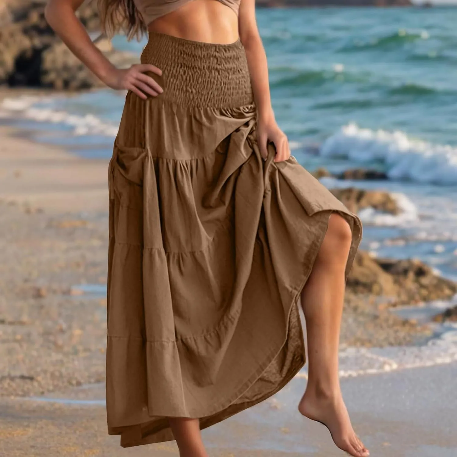 Maxi Skirts for Women Elastic High Waist Tiered A-Line Pleated Long Skirt Summer Flowy Swing Boho Solid Beach Clothes