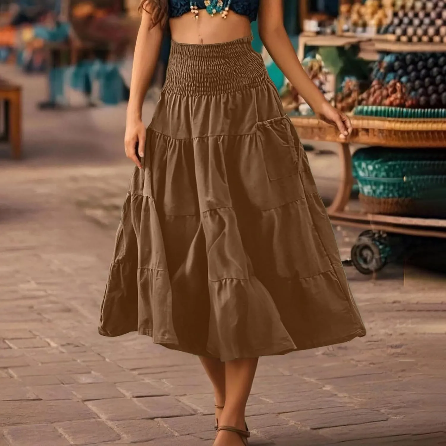 Maxi Skirts for Women Elastic High Waist Tiered A-Line Pleated Long Skirt Summer Flowy Swing Boho Solid Beach Clothes