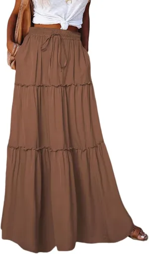 Maxi Skirts for Women High Waist Bohemian A Line Tiered Skirt Summer Casual Pleated Flowy Swing Beach Long Skirt