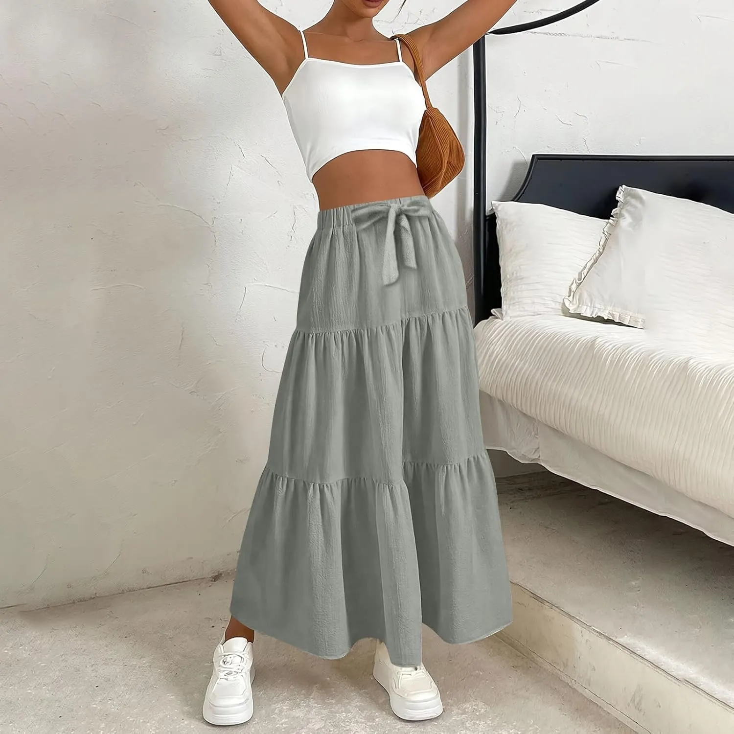 Maxi Skirts for Women Summer Drawstring Elastic High Waisted Ruffle Layered Tiered A Line Skirts Work Long Skirt