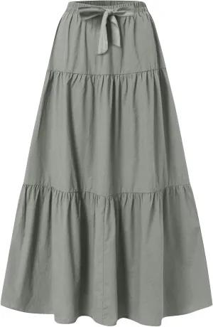Maxi Skirts for Women Summer Drawstring Elastic High Waisted Ruffle Layered Tiered A Line Skirts Work Long Skirt
