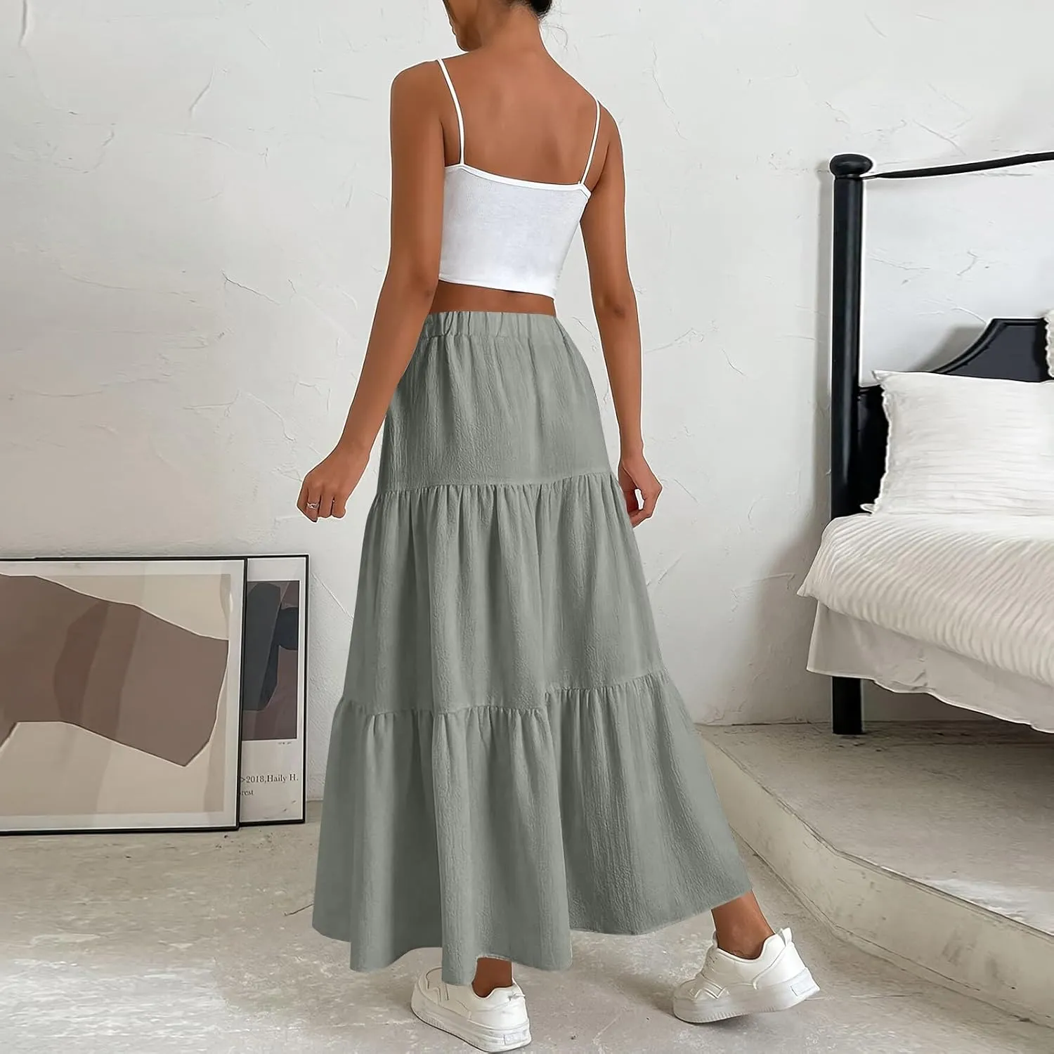 Maxi Skirts for Women Summer Drawstring Elastic High Waisted Ruffle Layered Tiered A Line Skirts Work Long Skirt