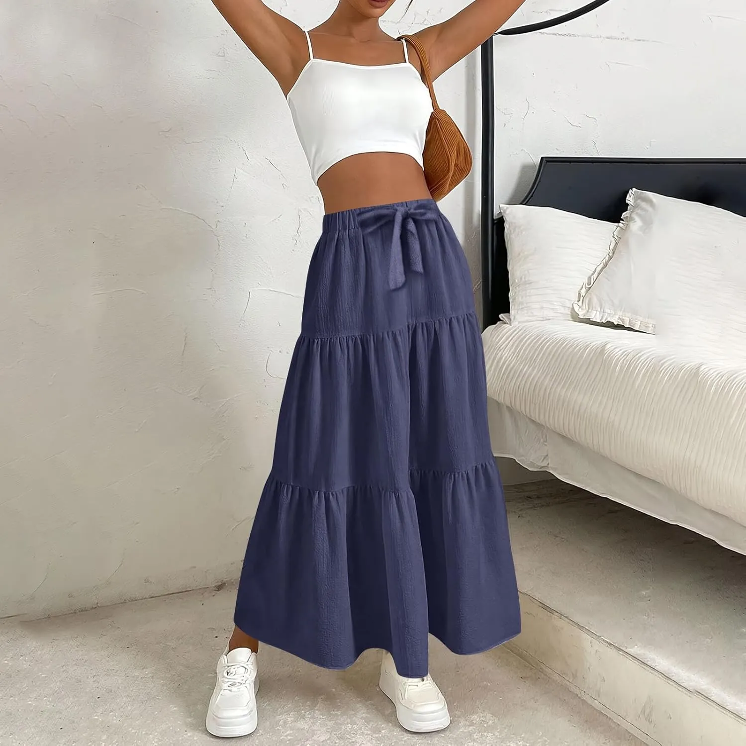 Maxi Skirts for Women Summer Drawstring Elastic High Waisted Ruffle Layered Tiered A Line Skirts Work Long Skirt