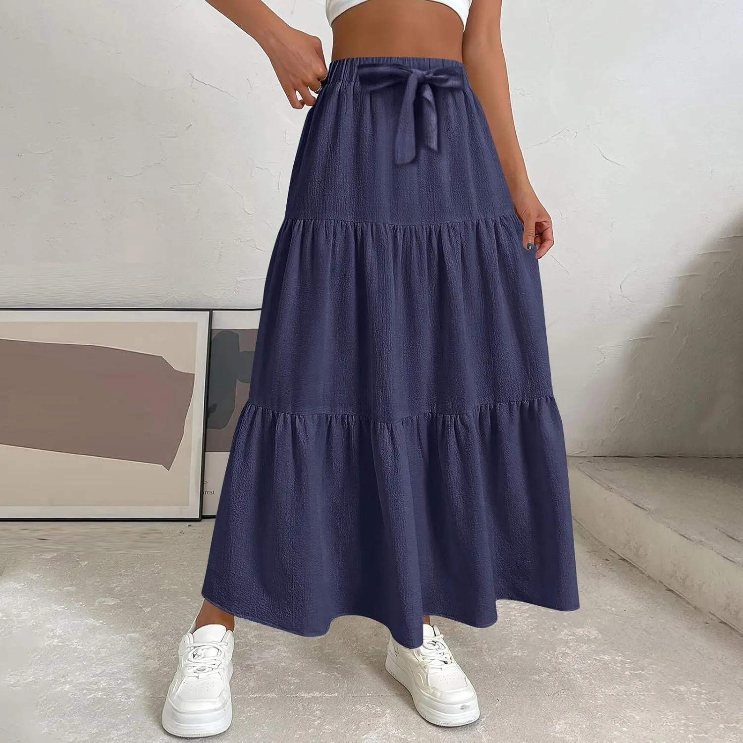 Maxi Skirts for Women Summer Drawstring Elastic High Waisted Ruffle Layered Tiered A Line Skirts Work Long Skirt