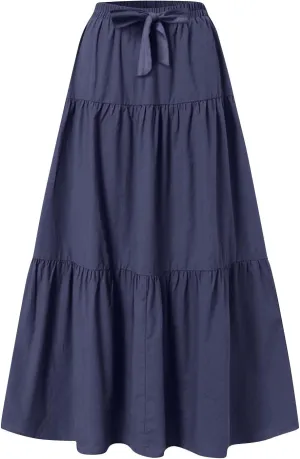Maxi Skirts for Women Summer Drawstring Elastic High Waisted Ruffle Layered Tiered A Line Skirts Work Long Skirt