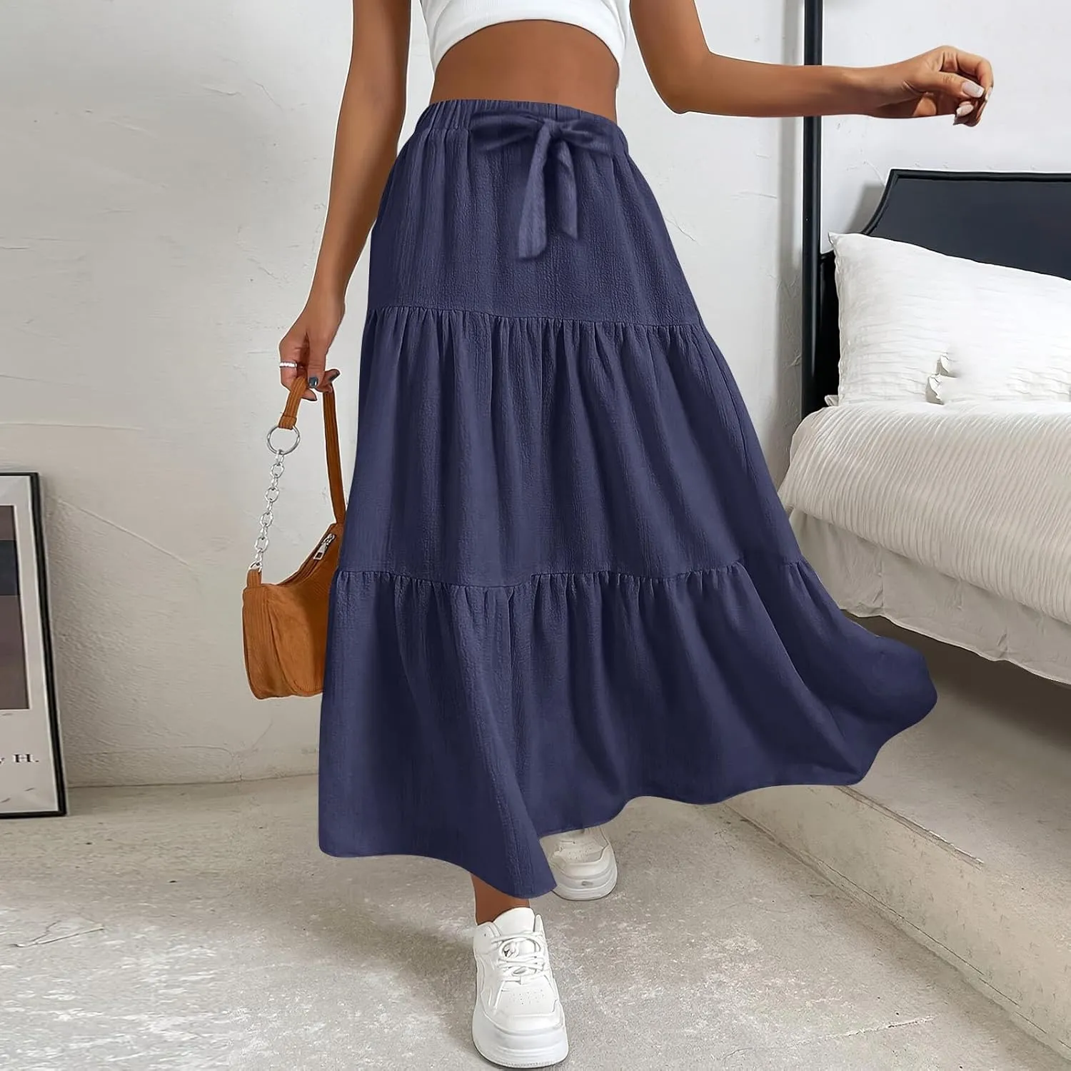 Maxi Skirts for Women Summer Drawstring Elastic High Waisted Ruffle Layered Tiered A Line Skirts Work Long Skirt