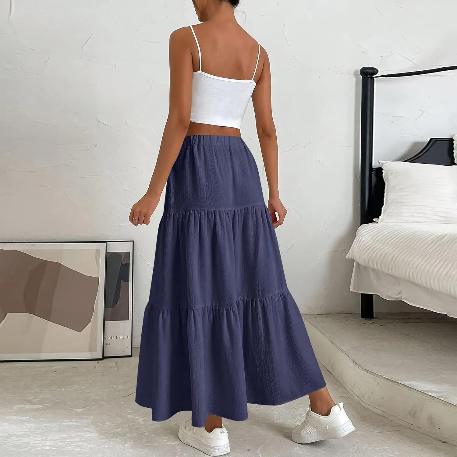 Maxi Skirts for Women Summer Drawstring Elastic High Waisted Ruffle Layered Tiered A Line Skirts Work Long Skirt