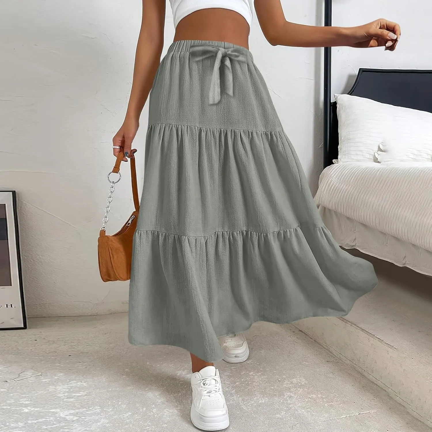 Maxi Skirts for Women Summer Drawstring Elastic High Waisted Ruffle Layered Tiered A Line Skirts Work Long Skirt