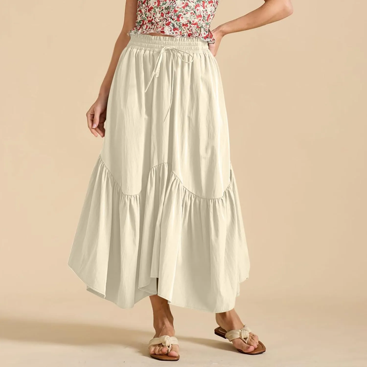 Maxi Skirts for Women Summer Fashion Flowy Pleated Long Skirt Casual High Waisted Drawstring Layered A Line Skirts