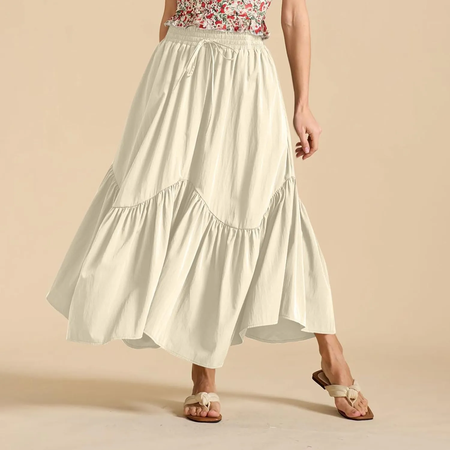 Maxi Skirts for Women Summer Fashion Flowy Pleated Long Skirt Casual High Waisted Drawstring Layered A Line Skirts