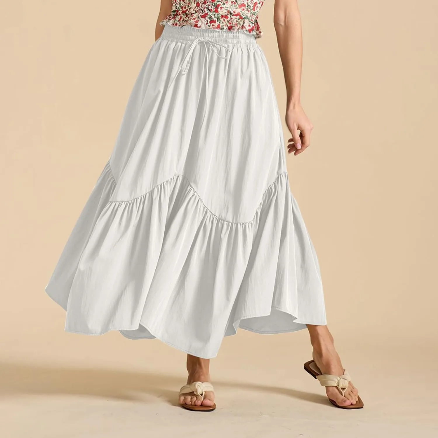 Maxi Skirts for Women Summer Fashion Flowy Pleated Long Skirt Casual High Waisted Drawstring Layered A Line Skirts