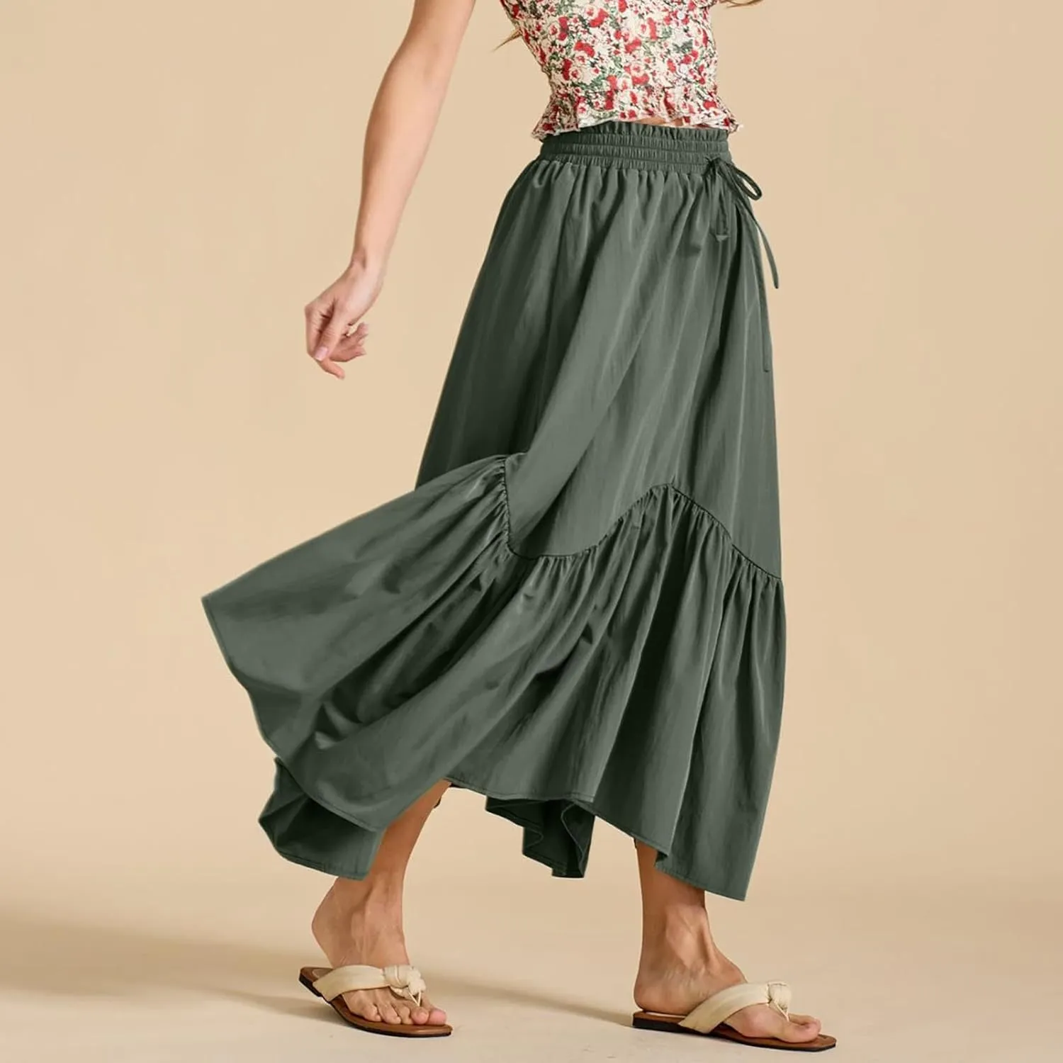 Maxi Skirts for Women Summer Fashion Flowy Pleated Long Skirt Casual High Waisted Drawstring Layered A Line Skirts