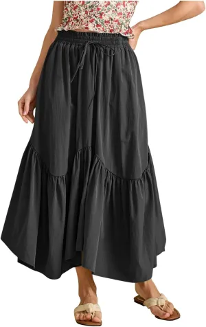 Maxi Skirts for Women Summer Fashion Flowy Pleated Long Skirt Casual High Waisted Drawstring Layered A Line Skirts