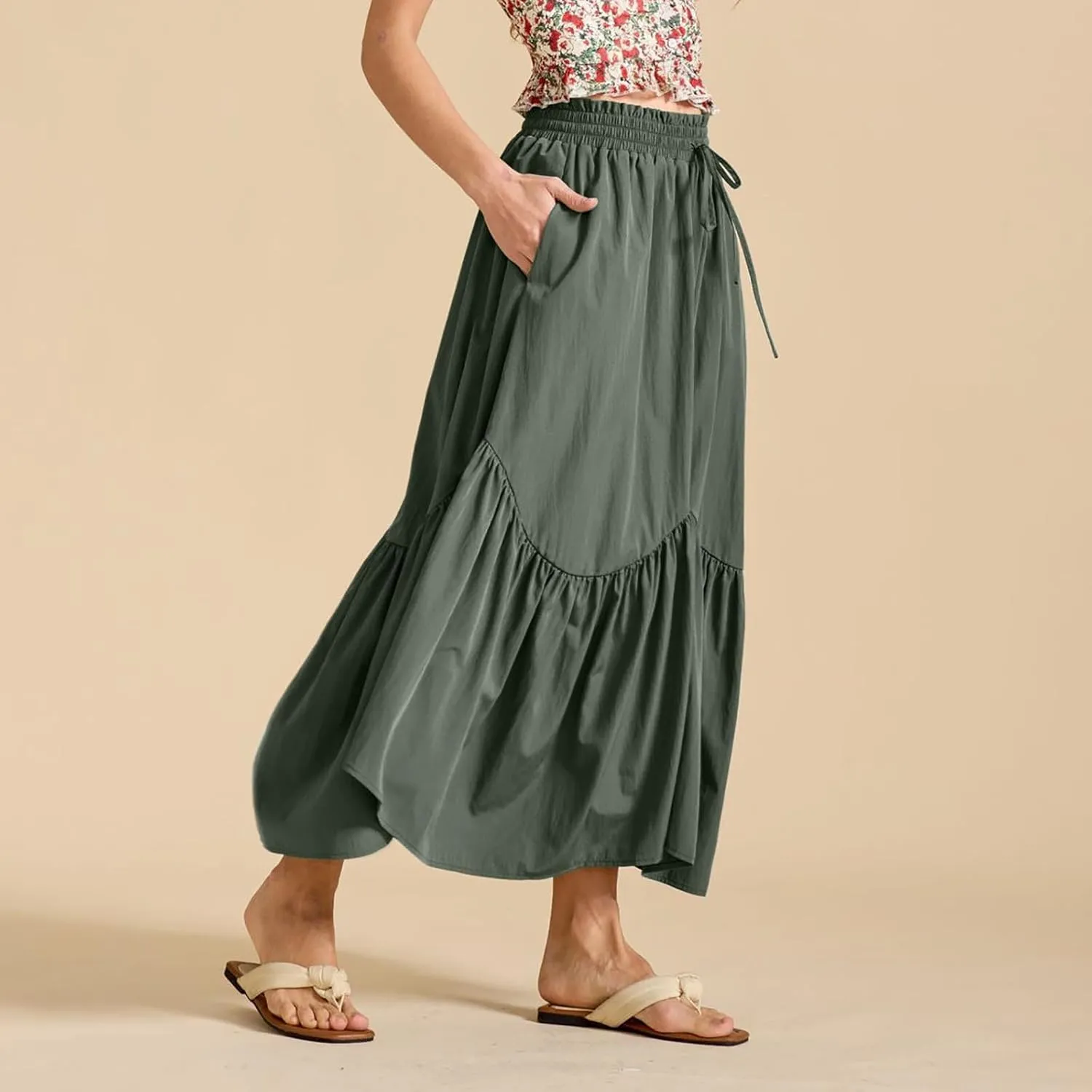 Maxi Skirts for Women Summer Fashion Flowy Pleated Long Skirt Casual High Waisted Drawstring Layered A Line Skirts