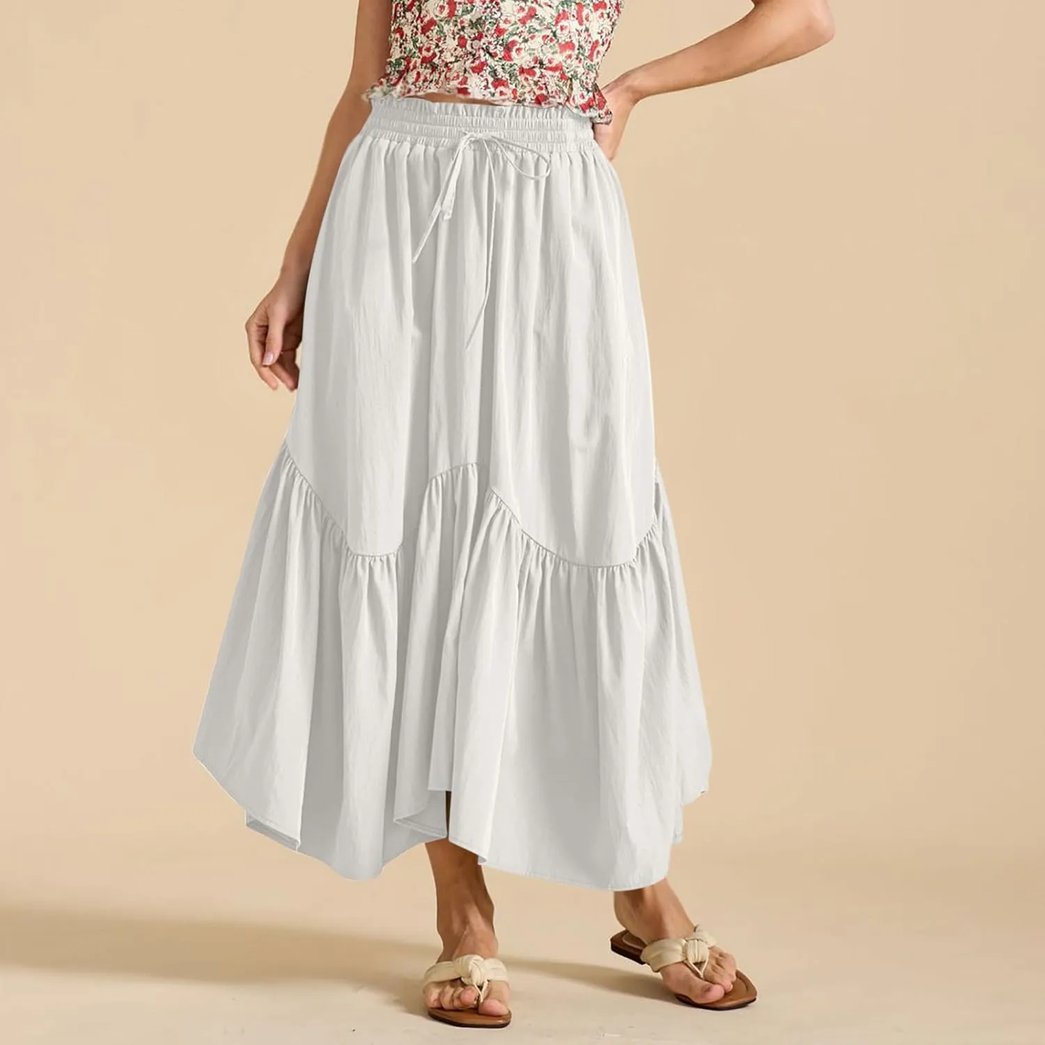 Maxi Skirts for Women Summer Fashion Flowy Pleated Long Skirt Casual High Waisted Drawstring Layered A Line Skirts