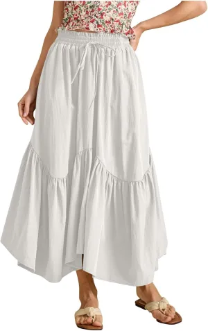 Maxi Skirts for Women Summer Fashion Flowy Pleated Long Skirt Casual High Waisted Drawstring Layered A Line Skirts