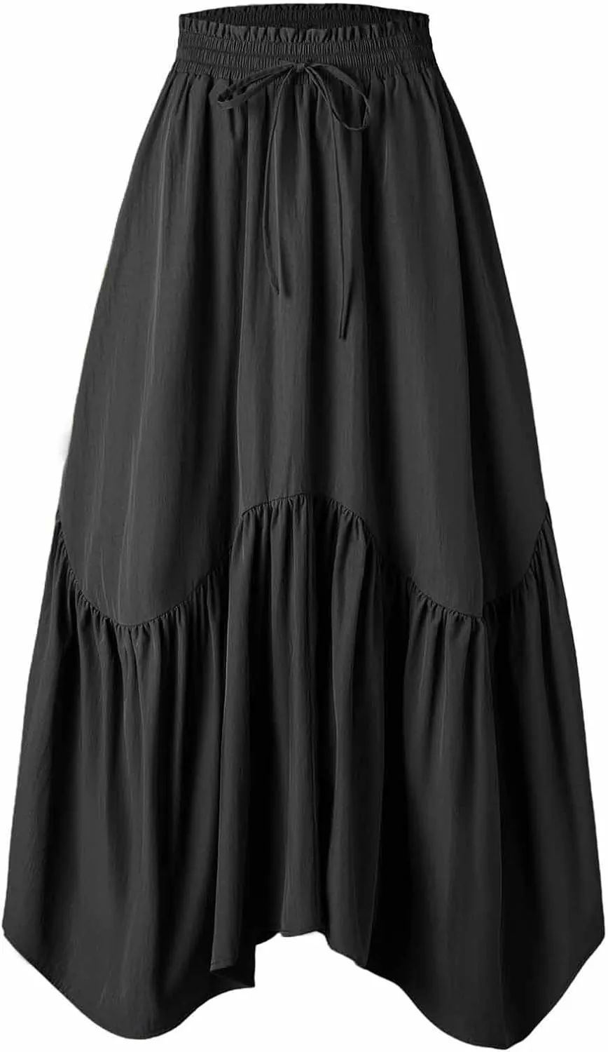 Maxi Skirts for Women Summer Fashion Flowy Pleated Long Skirt Casual High Waisted Drawstring Layered A Line Skirts