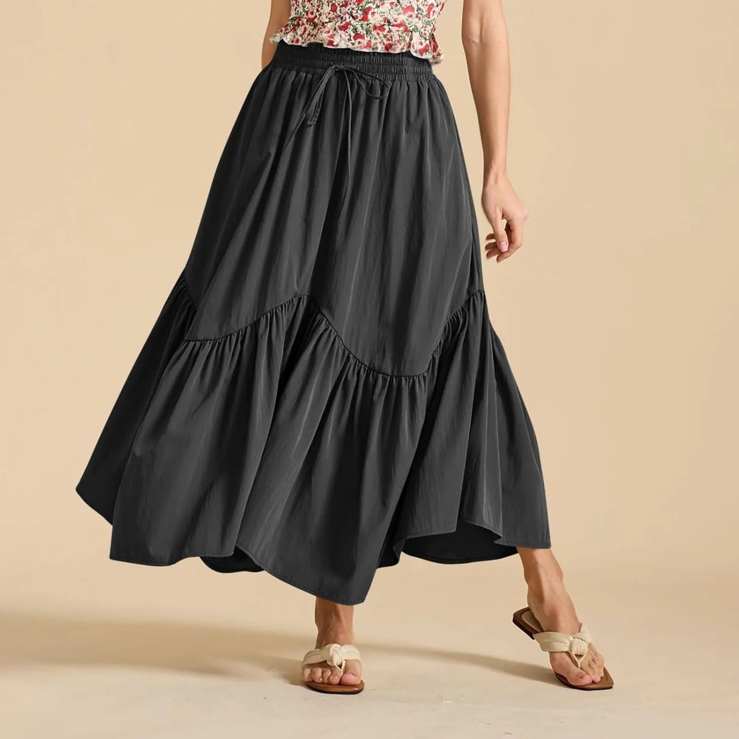 Maxi Skirts for Women Summer Fashion Flowy Pleated Long Skirt Casual High Waisted Drawstring Layered A Line Skirts
