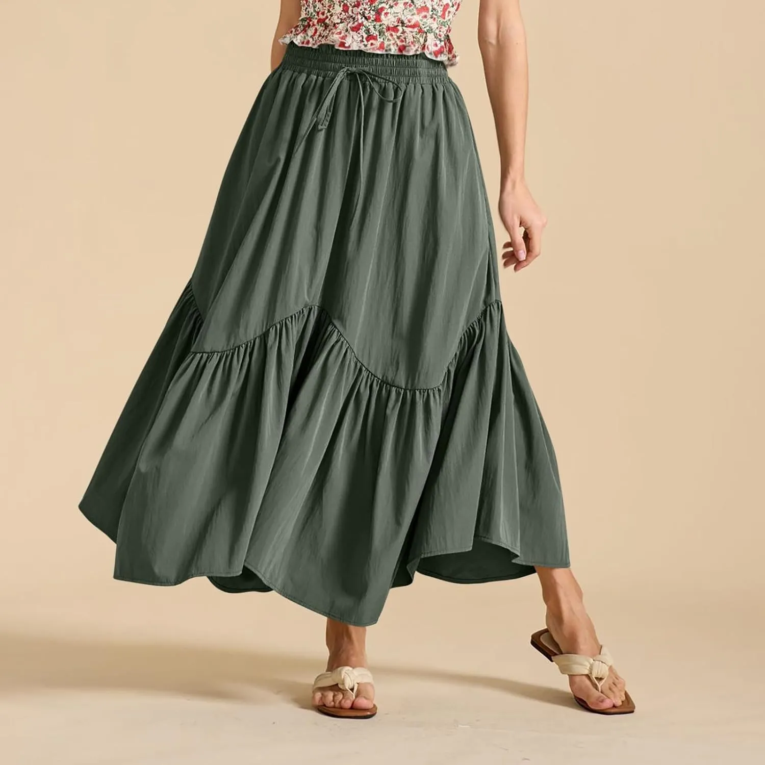 Maxi Skirts for Women Summer Fashion Flowy Pleated Long Skirt Casual High Waisted Drawstring Layered A Line Skirts