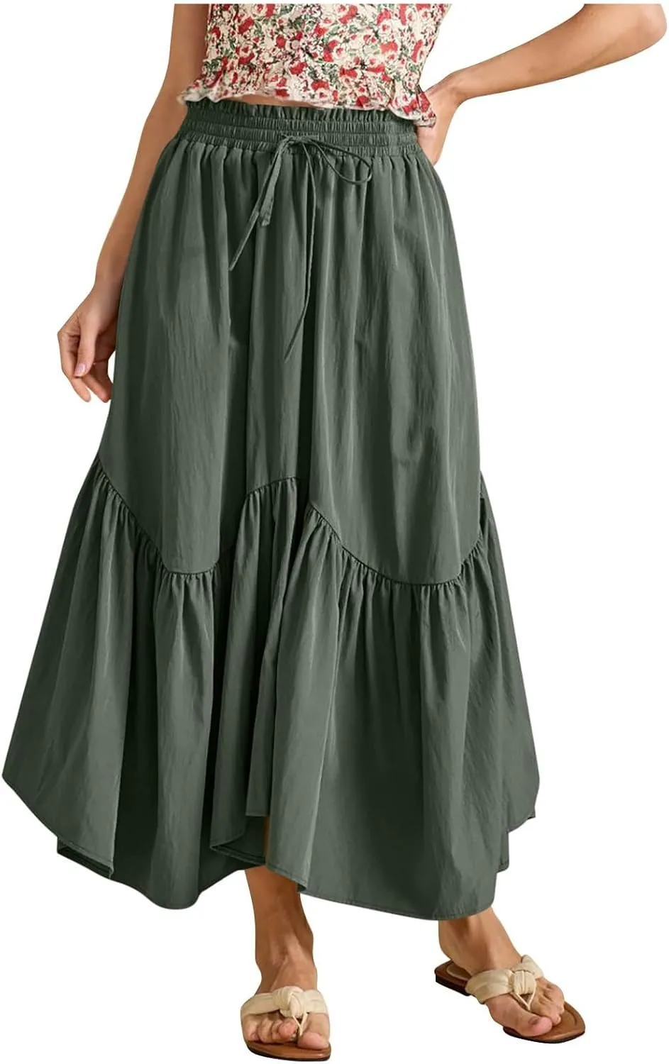 Maxi Skirts for Women Summer Fashion Flowy Pleated Long Skirt Casual High Waisted Drawstring Layered A Line Skirts