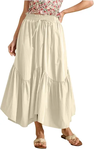 Maxi Skirts for Women Summer Fashion Flowy Pleated Long Skirt Casual High Waisted Drawstring Layered A Line Skirts