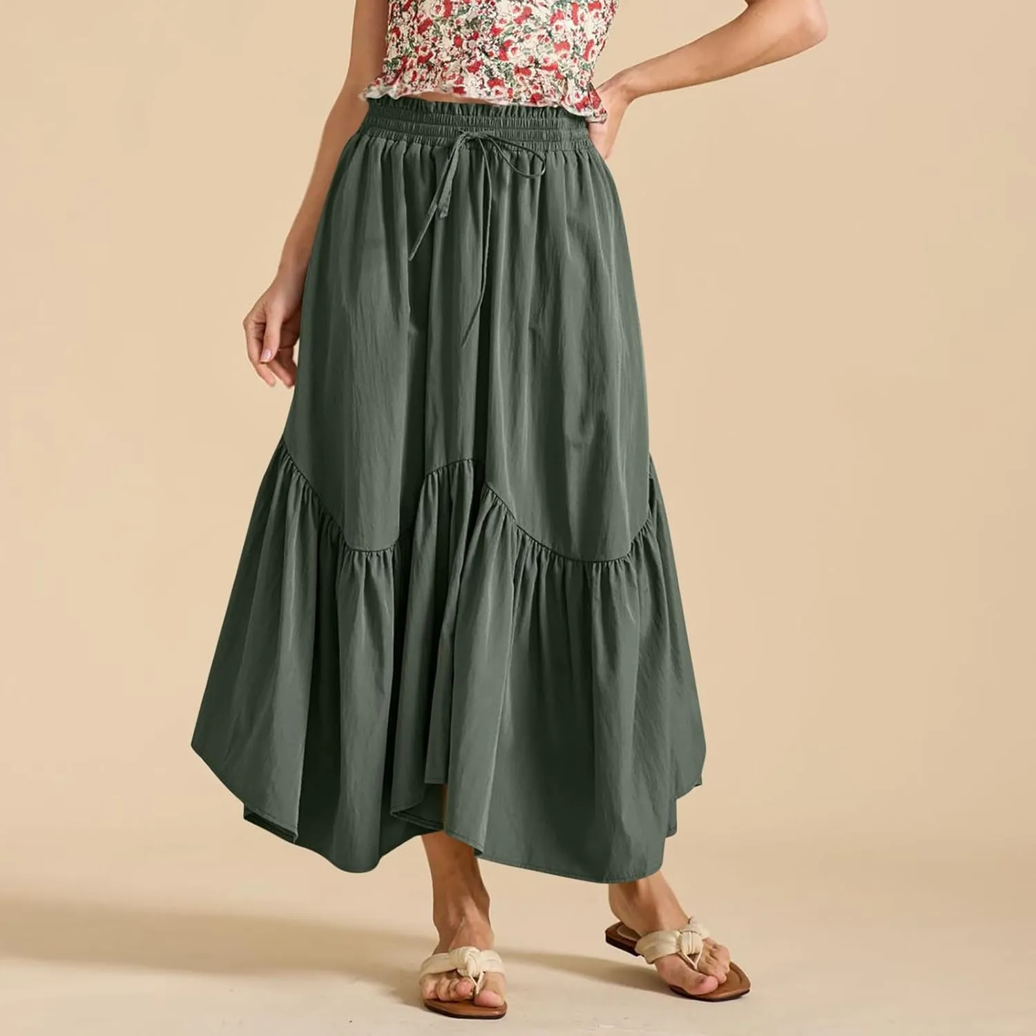 Maxi Skirts for Women Summer Fashion Flowy Pleated Long Skirt Casual High Waisted Drawstring Layered A Line Skirts