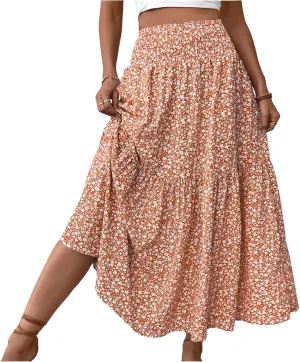 Maxi Skirts for Women Summer Floral Smocked High Waisted Boho Skirt with Pockets Vacation A-Line Long Flowy Skirts