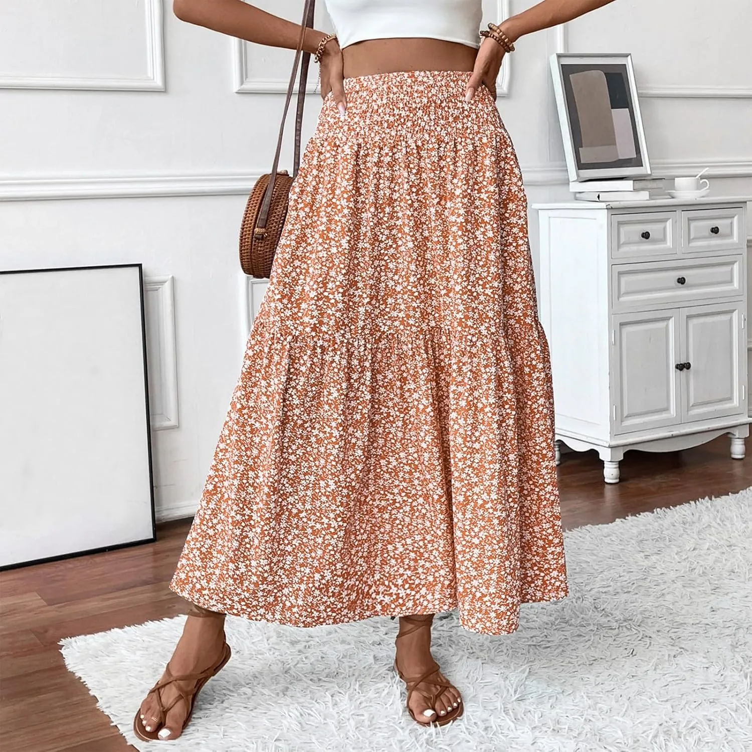 Maxi Skirts for Women Summer Floral Smocked High Waisted Boho Skirt with Pockets Vacation A-Line Long Flowy Skirts