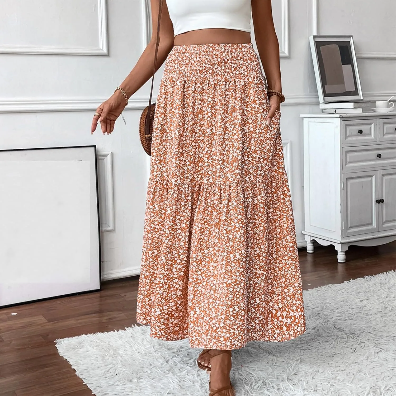 Maxi Skirts for Women Summer Floral Smocked High Waisted Boho Skirt with Pockets Vacation A-Line Long Flowy Skirts