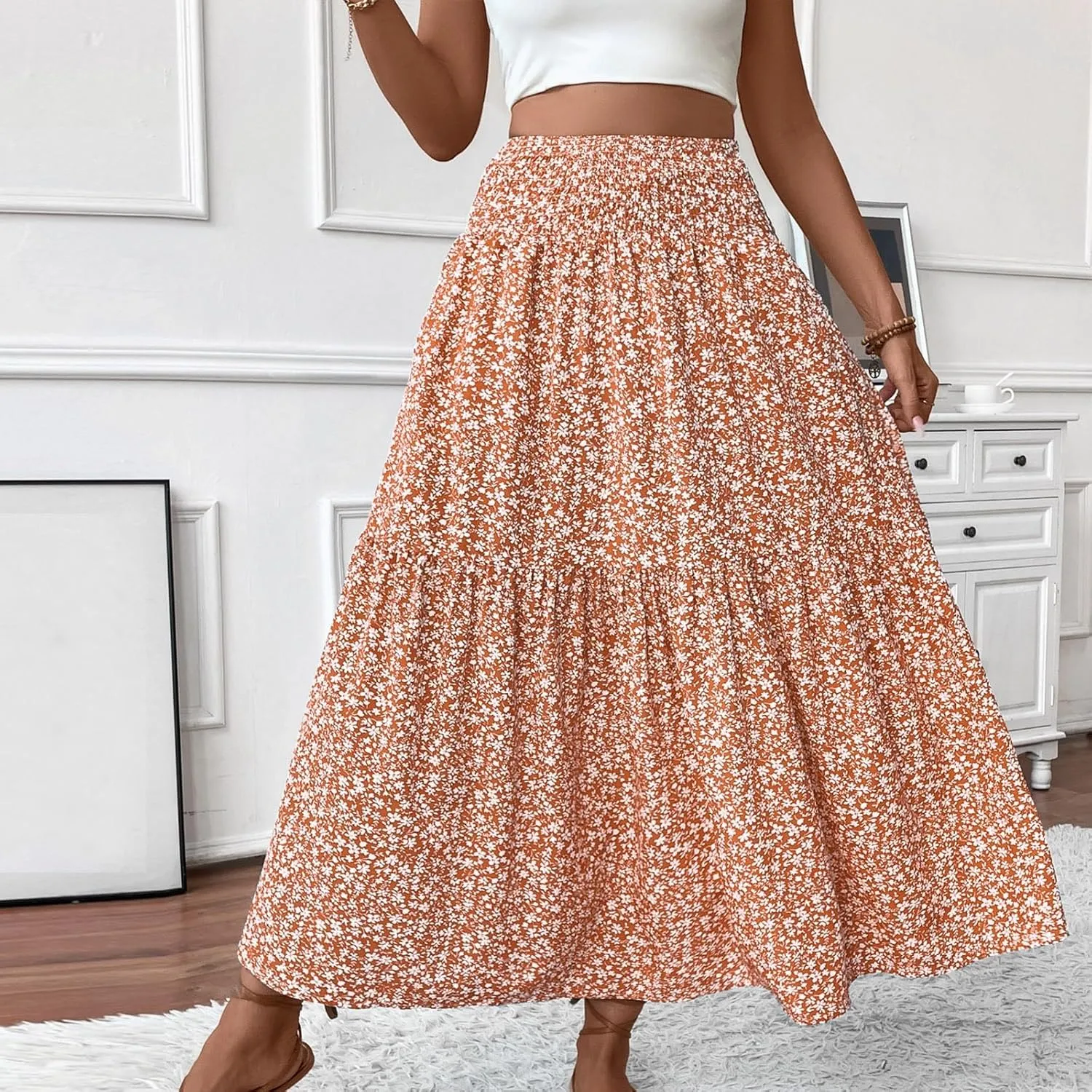 Maxi Skirts for Women Summer Floral Smocked High Waisted Boho Skirt with Pockets Vacation A-Line Long Flowy Skirts