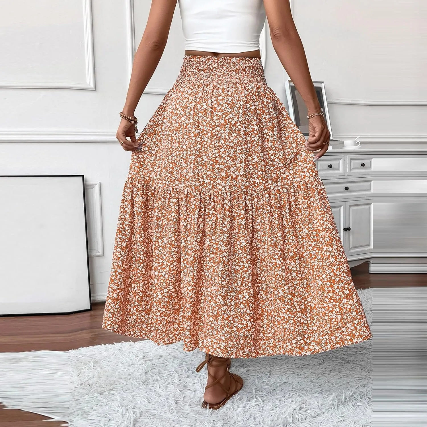Maxi Skirts for Women Summer Floral Smocked High Waisted Boho Skirt with Pockets Vacation A-Line Long Flowy Skirts