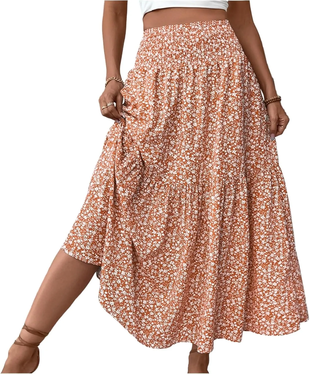 Maxi Skirts for Women Summer Floral Smocked High Waisted Boho Skirt with Pockets Vacation A-Line Long Flowy Skirts