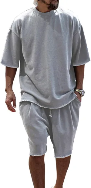 Mens Casual 2 Piece Outfits Crew Neck Short Sleeve T Shirts and Shorts Tracksuit Set Summer Jogging Sweatpants Set
