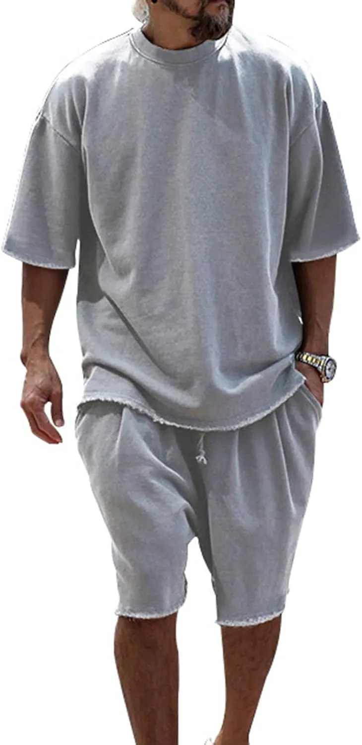 Mens Casual 2 Piece Outfits Crew Neck Short Sleeve T Shirts and Shorts Tracksuit Set Summer Jogging Sweatpants Set