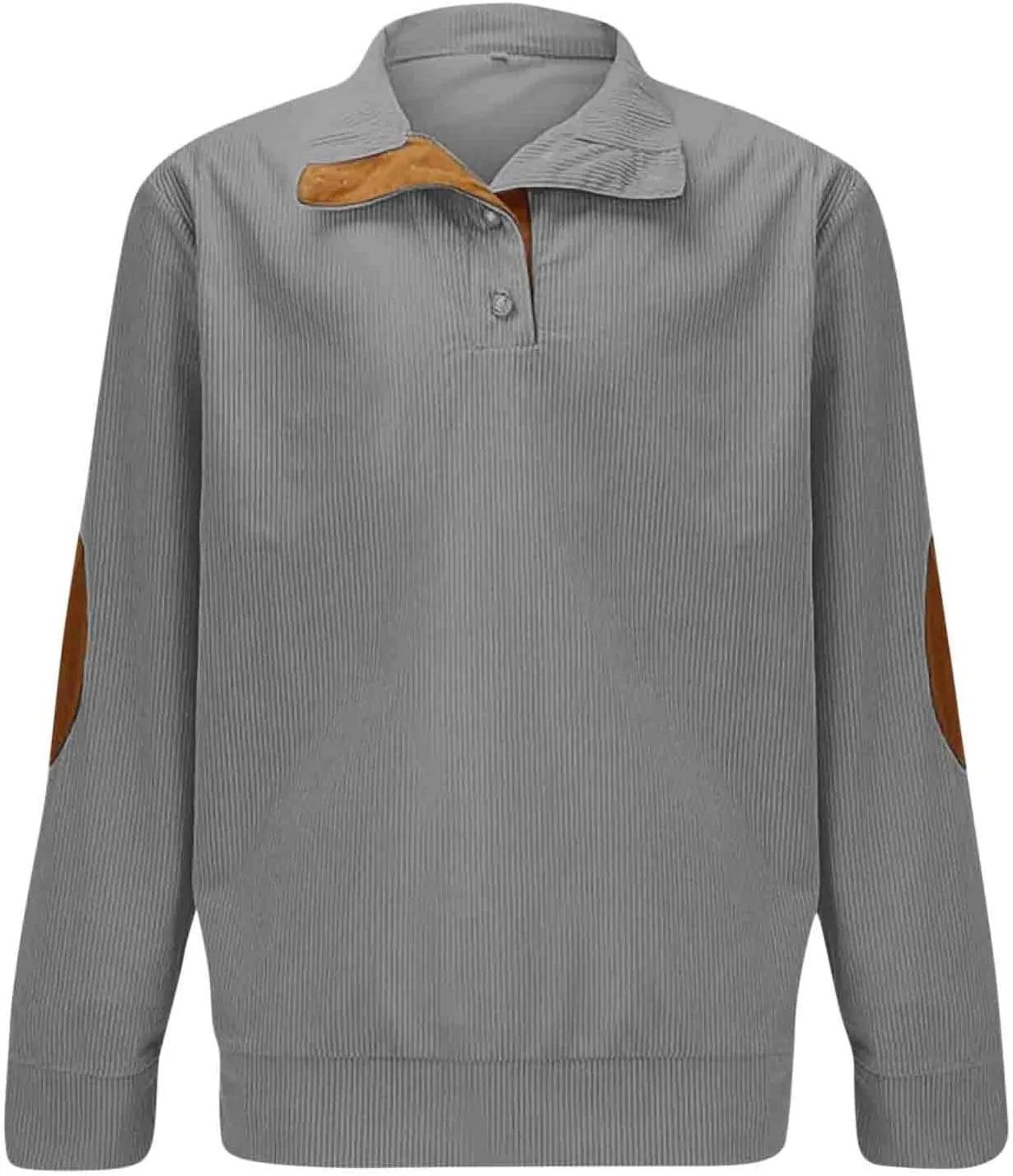 Mens Corduroy Sweatshirts Elbow Patches Long Sleeve Stand Collar 1/4 Button Up Pullover Sweaters Color Block Tops
