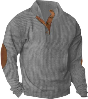 Mens Corduroy Sweatshirts Elbow Patches Long Sleeve Stand Collar 1/4 Button Up Pullover Sweaters Color Block Tops