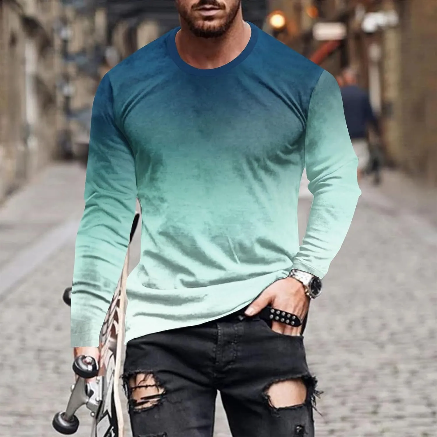 Men's Fashion Gradient Printed Shirts Long Sleeve Round Neck Pullover Athletic Workout Shirts Running Sport Shirts