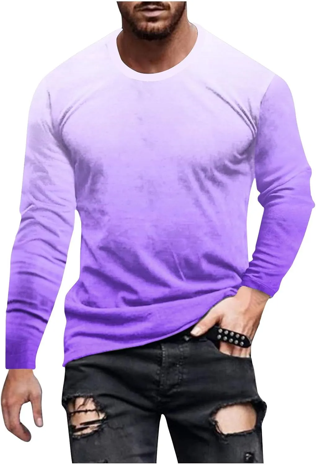 Men's Fashion Gradient Printed Shirts Long Sleeve Round Neck Pullover Athletic Workout Shirts Running Sport Shirts