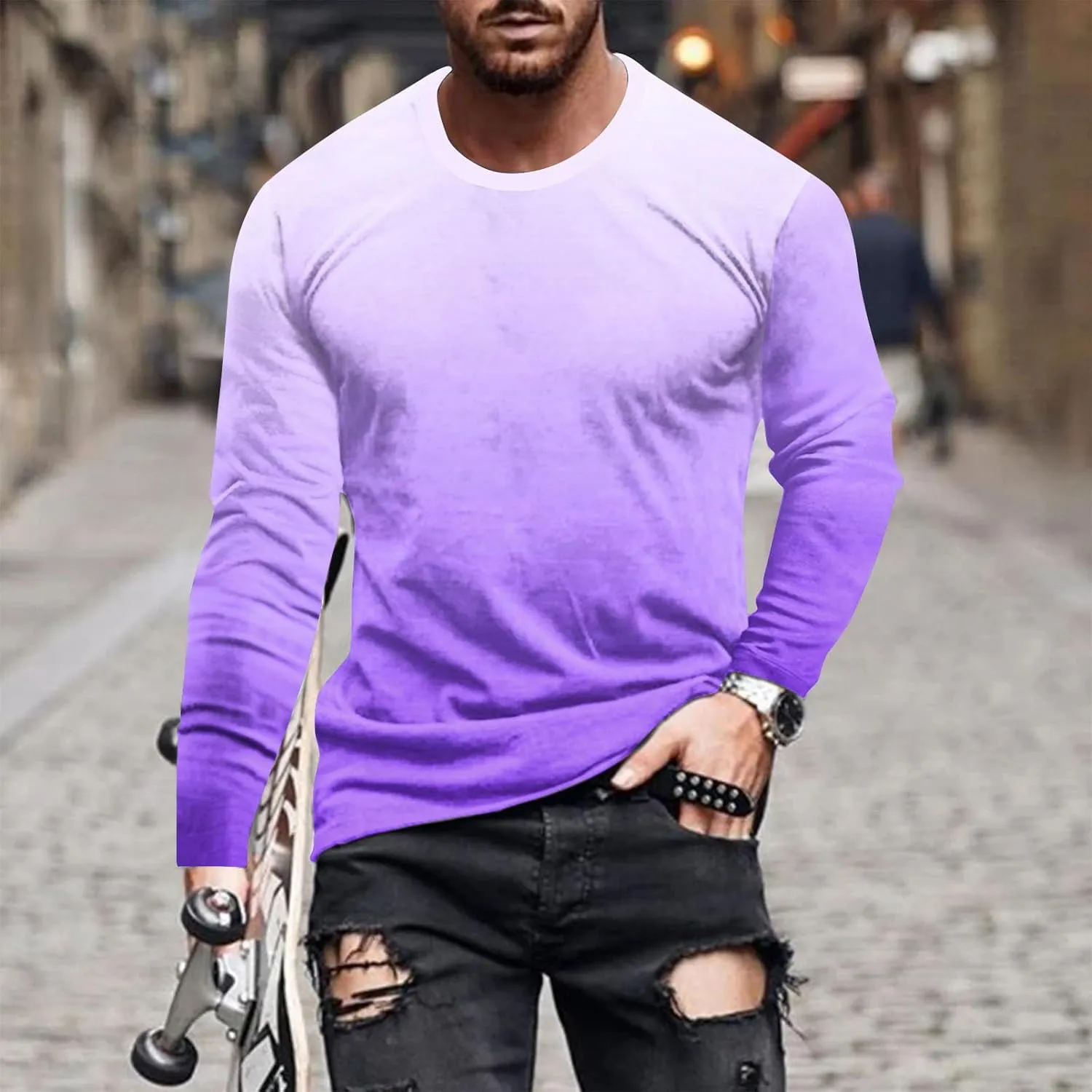 Men's Fashion Gradient Printed Shirts Long Sleeve Round Neck Pullover Athletic Workout Shirts Running Sport Shirts