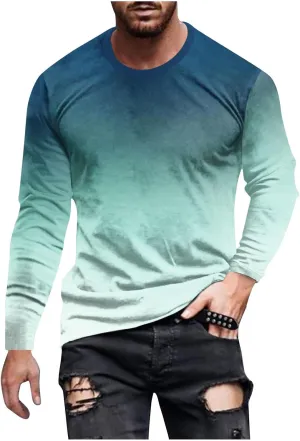 Men's Fashion Gradient Printed Shirts Long Sleeve Round Neck Pullover Athletic Workout Shirts Running Sport Shirts