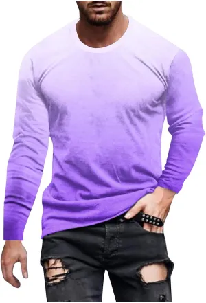 Men's Fashion Gradient Printed Shirts Long Sleeve Round Neck Pullover Athletic Workout Shirts Running Sport Shirts