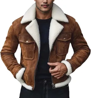 Mens Faux Suede Bomber Jacket Winter Heavyweight Fleece Lined Plush Reversed Collar Trucker Jacket Thickened Work Coat