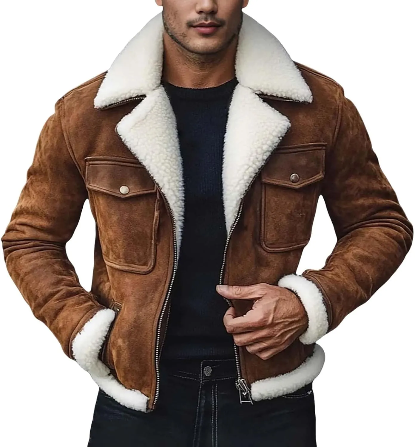 Mens Faux Suede Bomber Jacket Winter Heavyweight Fleece Lined Plush Reversed Collar Trucker Jacket Thickened Work Coat
