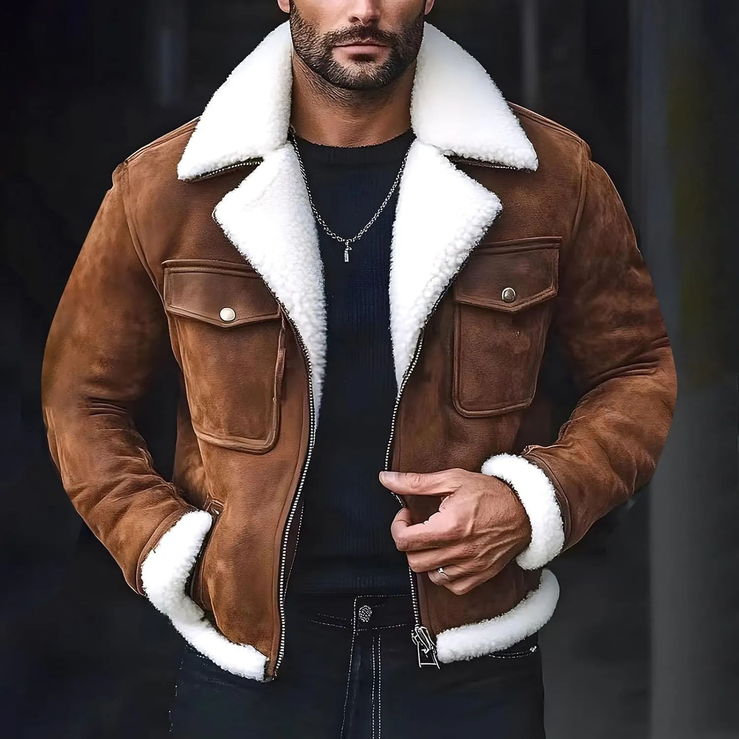 Mens Faux Suede Bomber Jacket Winter Heavyweight Fleece Lined Plush Reversed Collar Trucker Jacket Thickened Work Coat