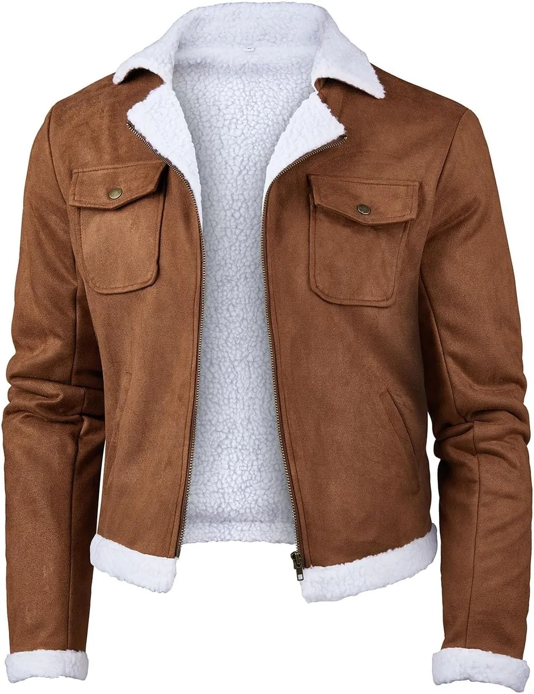 Mens Faux Suede Bomber Jacket Winter Heavyweight Fleece Lined Plush Reversed Collar Trucker Jacket Thickened Work Coat
