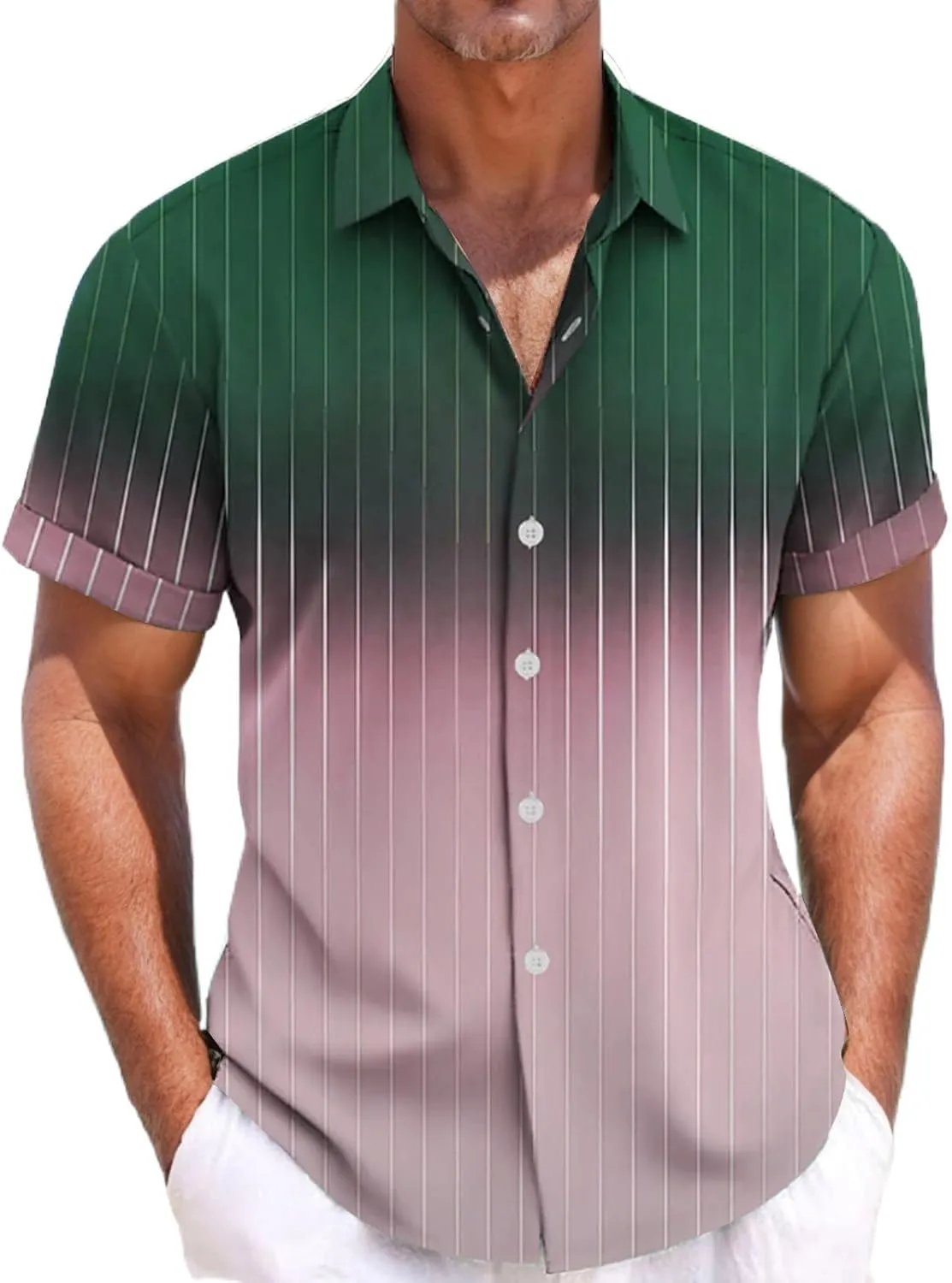 Men's Gradient Linen Shirts Short Sleeve Button Down Shirt Hawaiian Summer Beach Casual T Shirts Wedding Shirt for Men