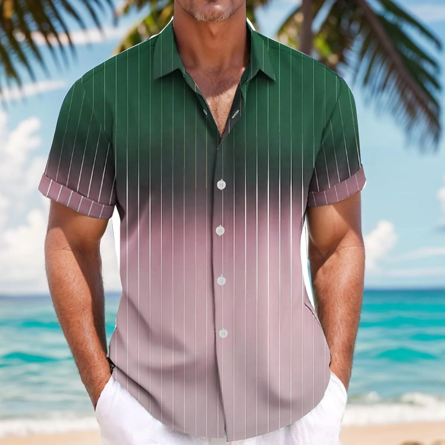 Men's Gradient Linen Shirts Short Sleeve Button Down Shirt Hawaiian Summer Beach Casual T Shirts Wedding Shirt for Men